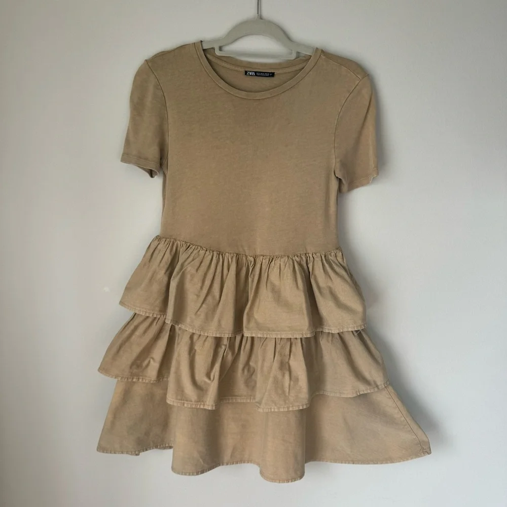 Zara Woman  Beige Ruffled 100% Cotton Tshirt Dress, size Small - Picture 2 of 9